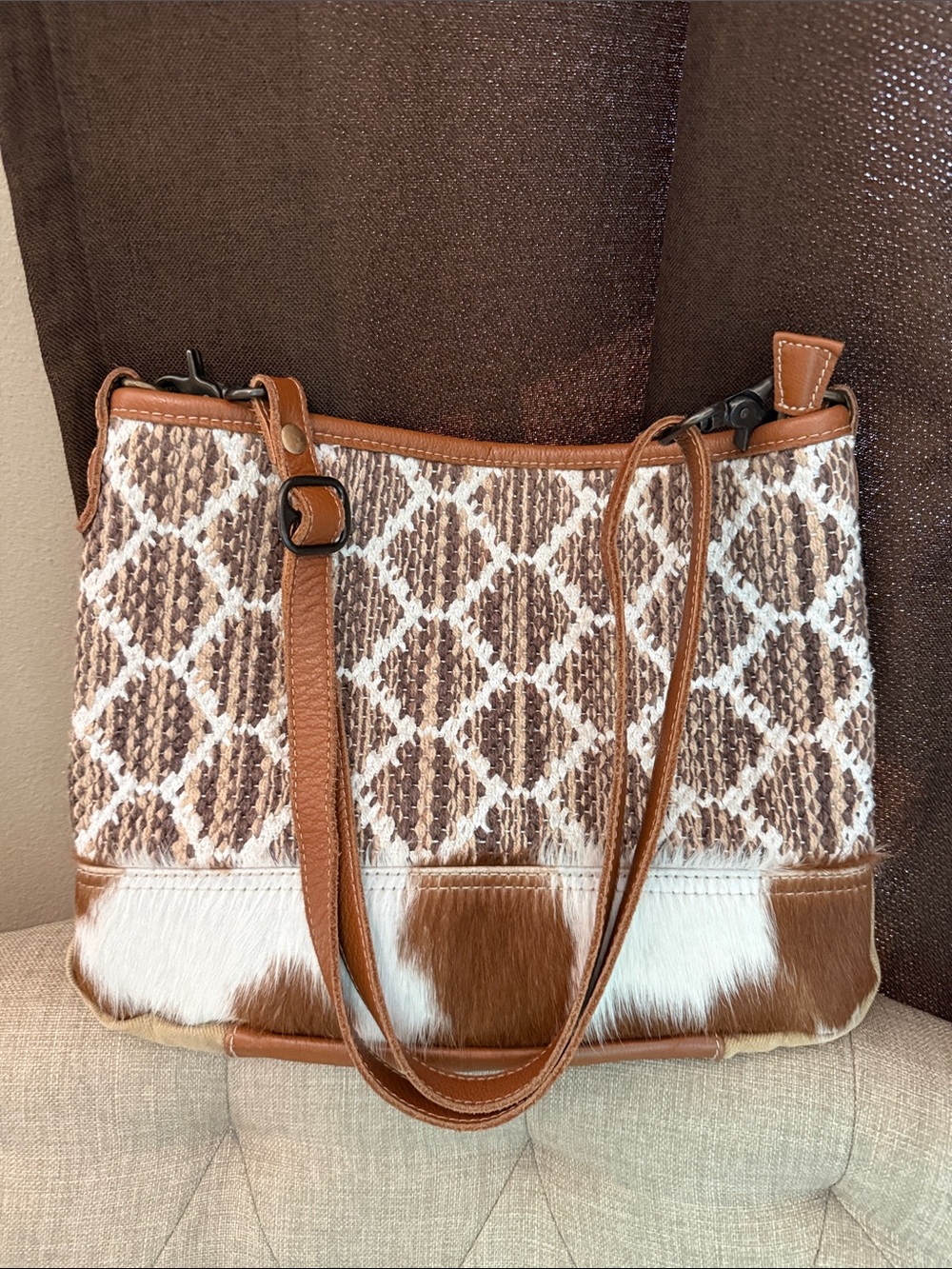 Myra Bag Tan and White Woven Cowhide Shoulder Bag